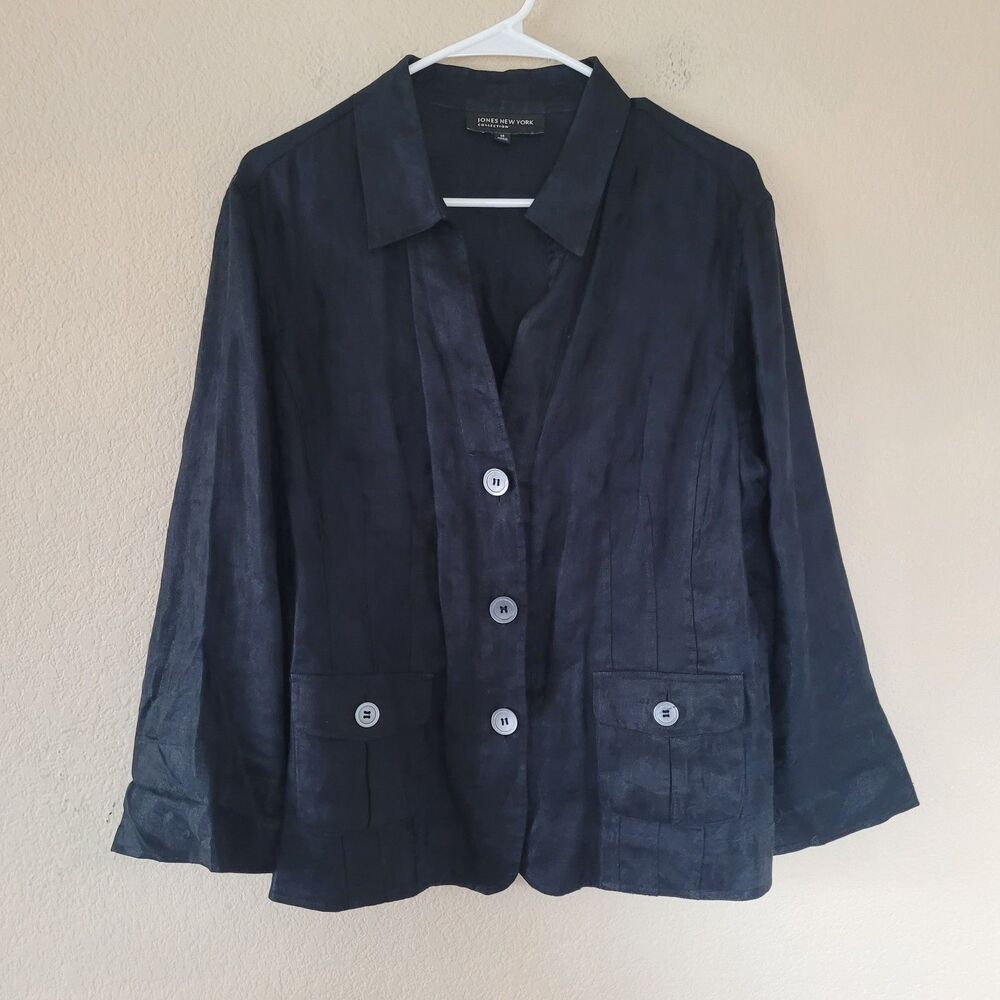 Jones New York Womens 100% Linen Blazer Size 14 Three Button Business Breathable